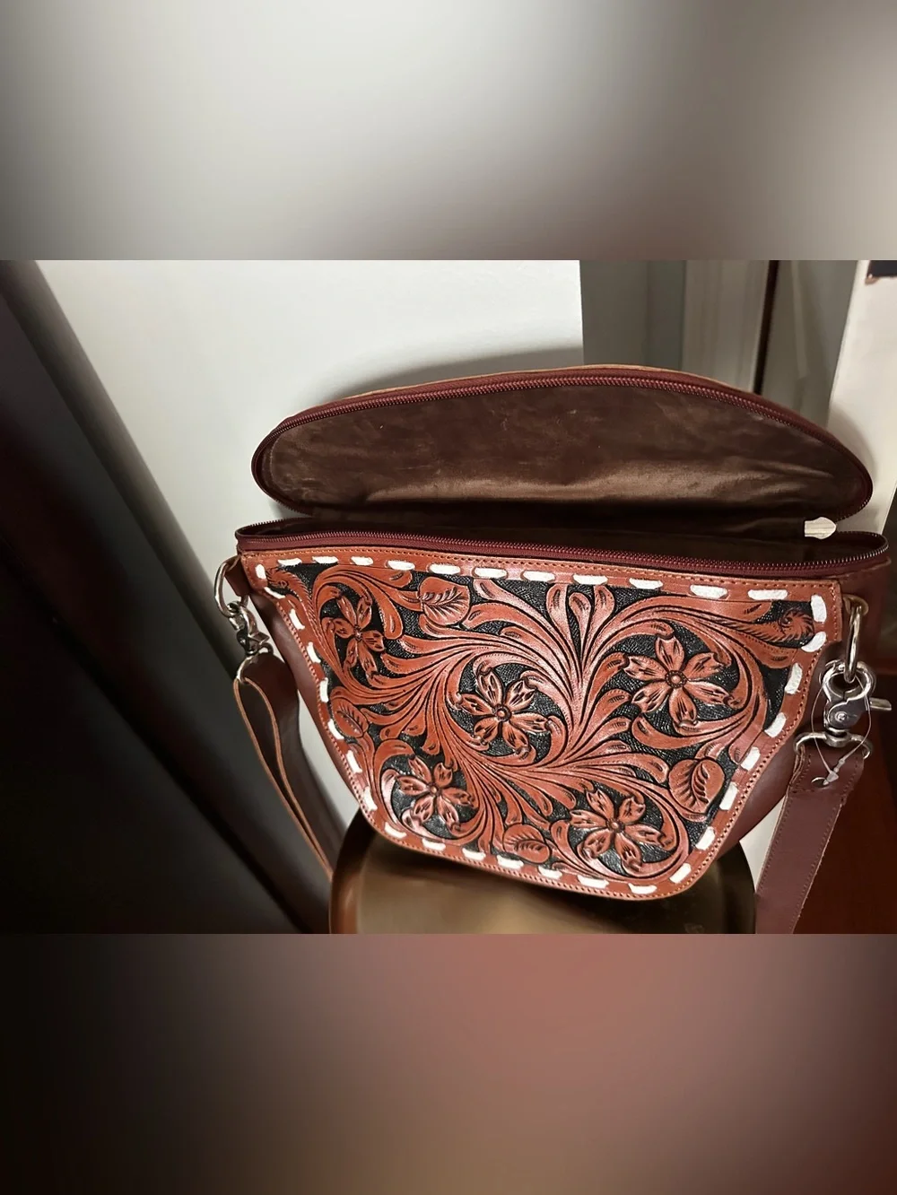 Embossed  Floral Crossbody Bag - Brown